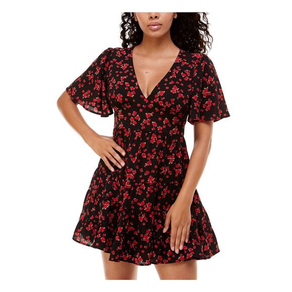 B DARLIN Dresses & Skirts - B DARLIN Womens Tie Skirt Back Flutter Sleeve Short Party Fit + Flare Dress